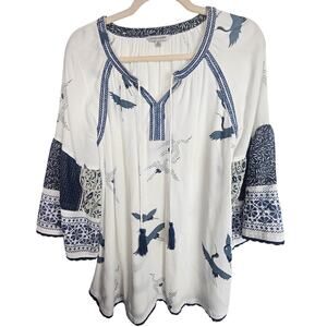 John Mark Womens Bird Print Tunic Tasseled Size M Boho Artsy Patchwork Sleeves